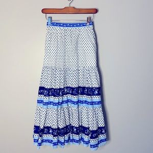 J. Crew Tiered Cotton Blue Ribbon Block Print Midi Skirt
